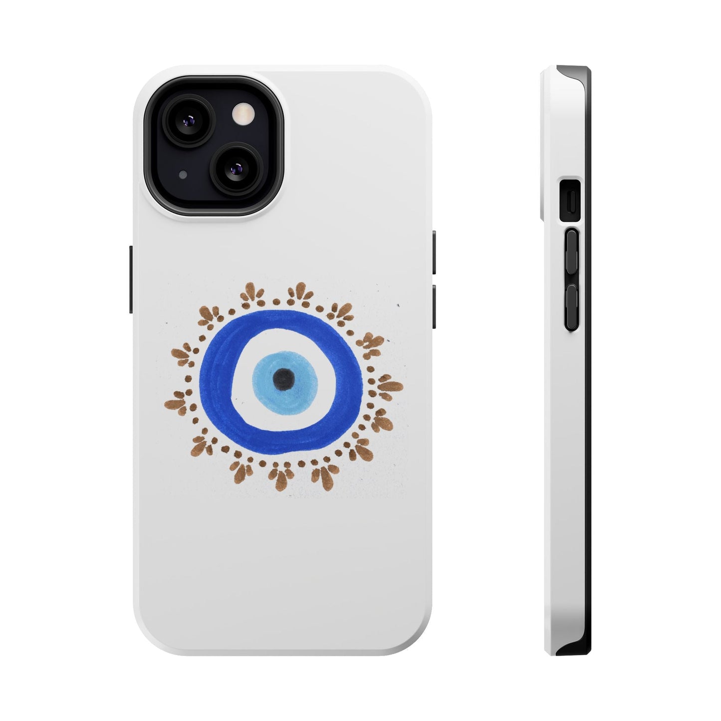 White phone case with evil eye symbol and blue, white, gold accents By Yas™️