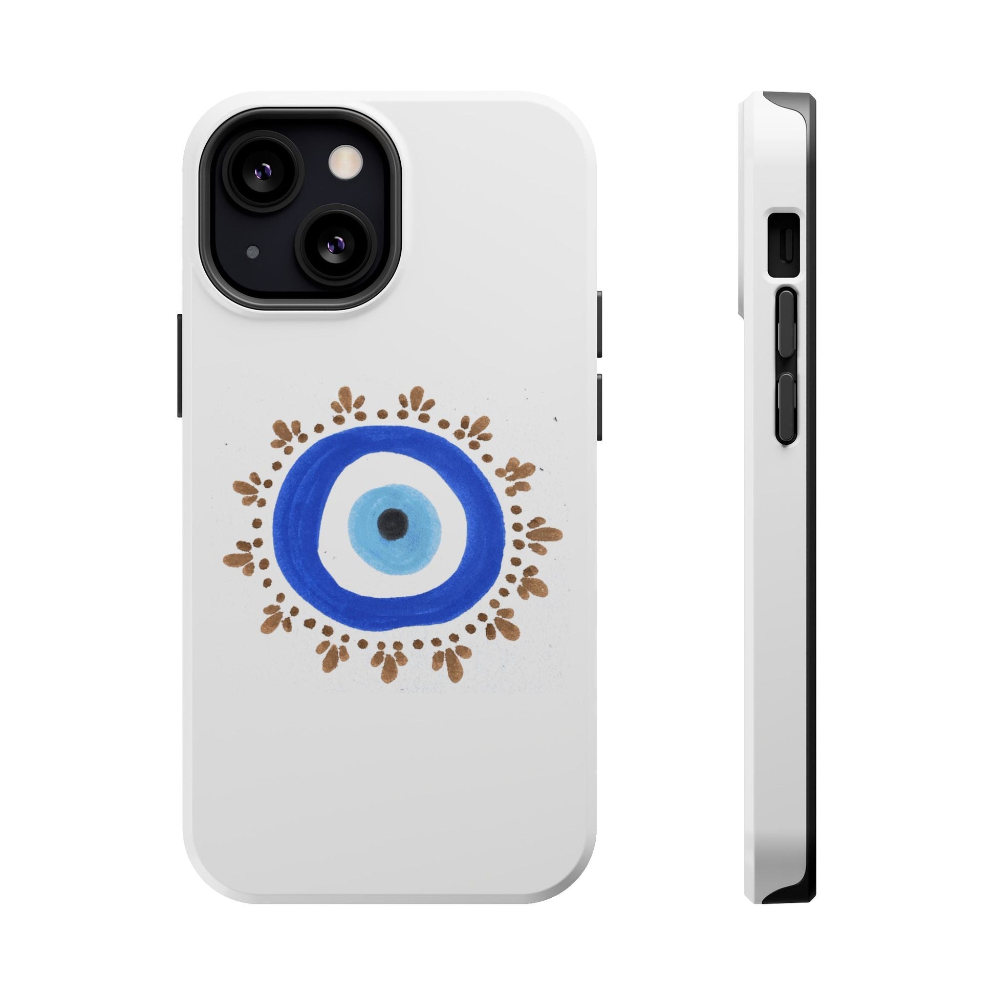 White iPhone case with Evil Eye design by Yas featuring blue, white, and brown accents