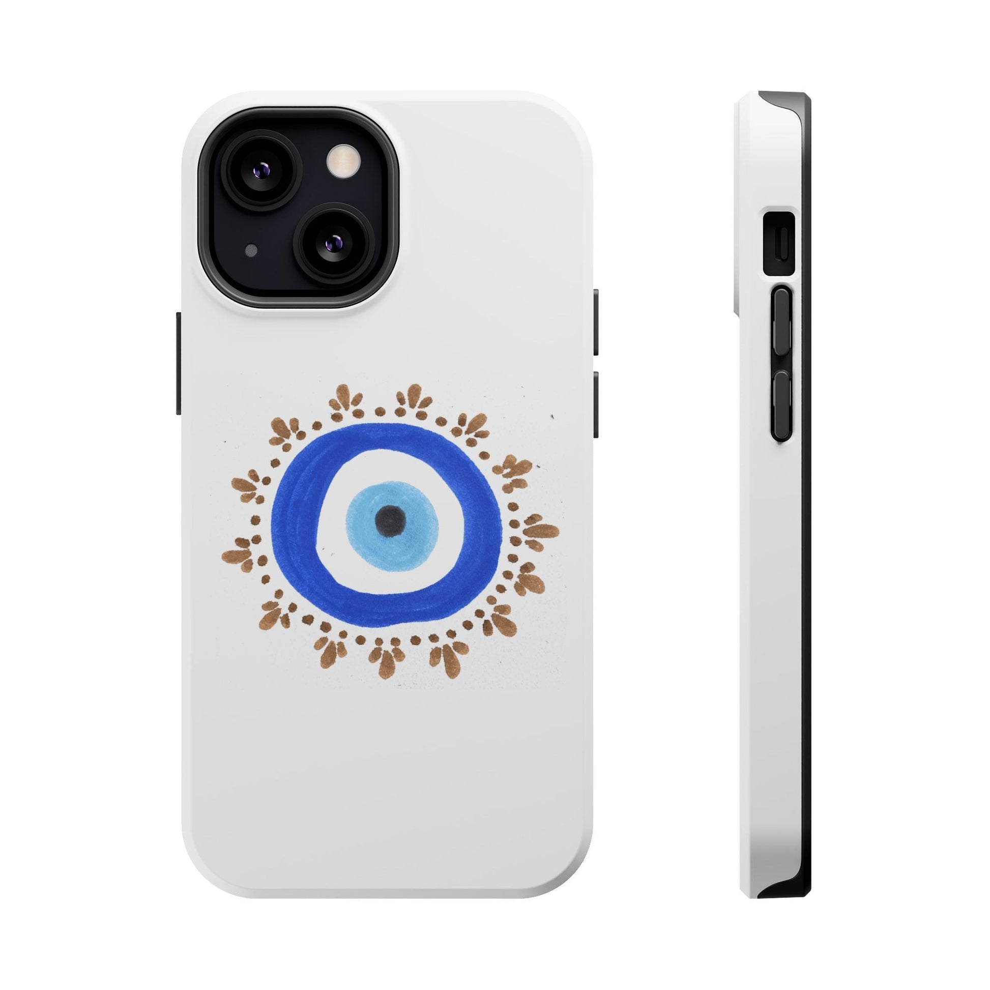 White iPhone case with Evil Eye design by Yas featuring blue, white, and brown accents