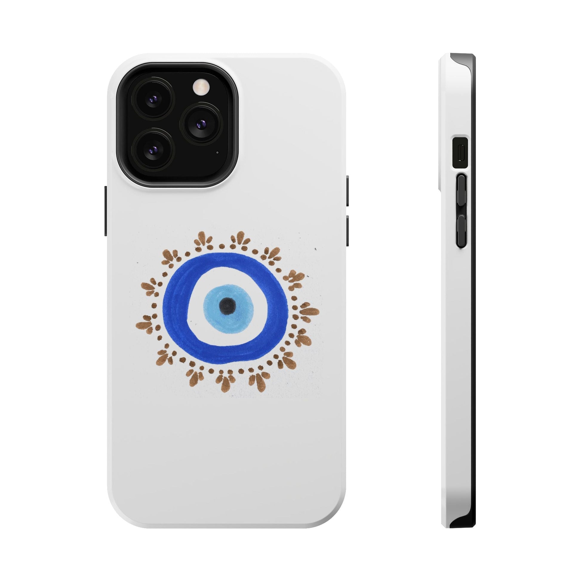 White phone case with Evil Eye design by Yas featuring blue and gold accents