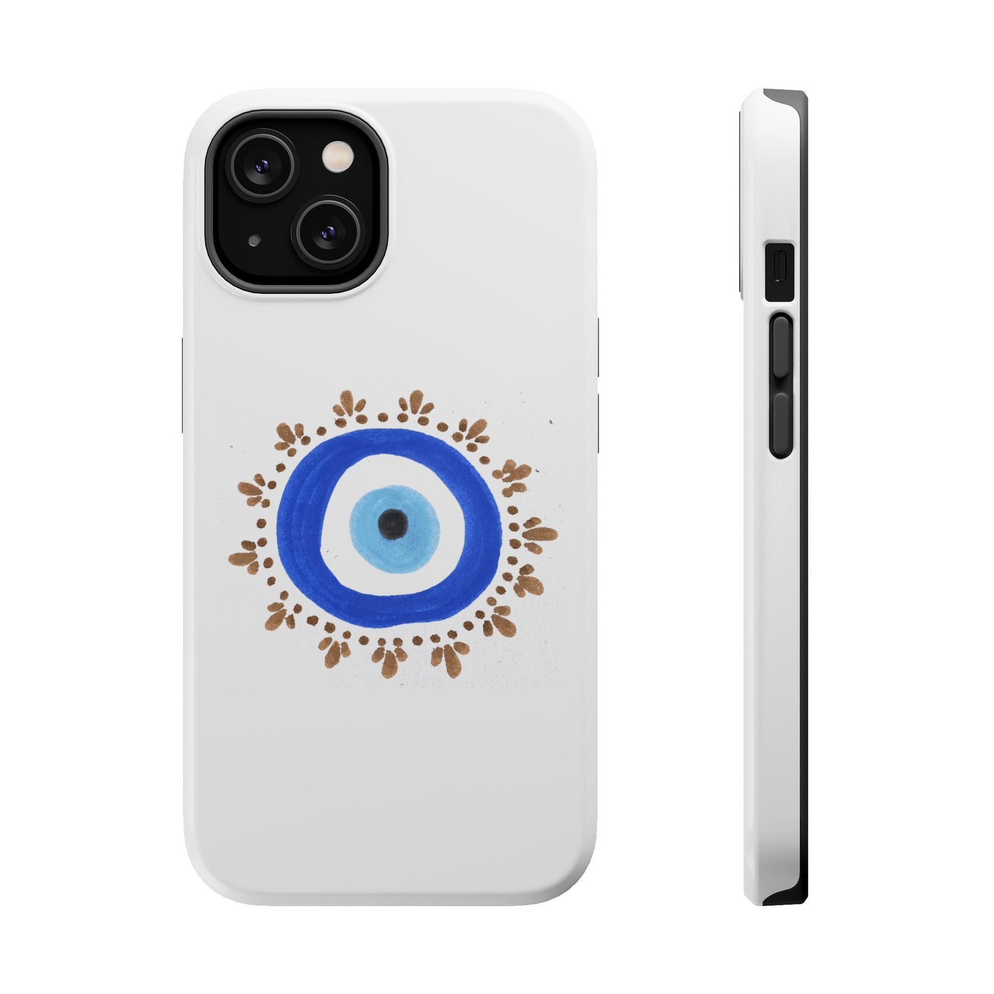 White phone case with Evil Eye symbol and blue, gold decorative elements by Yas