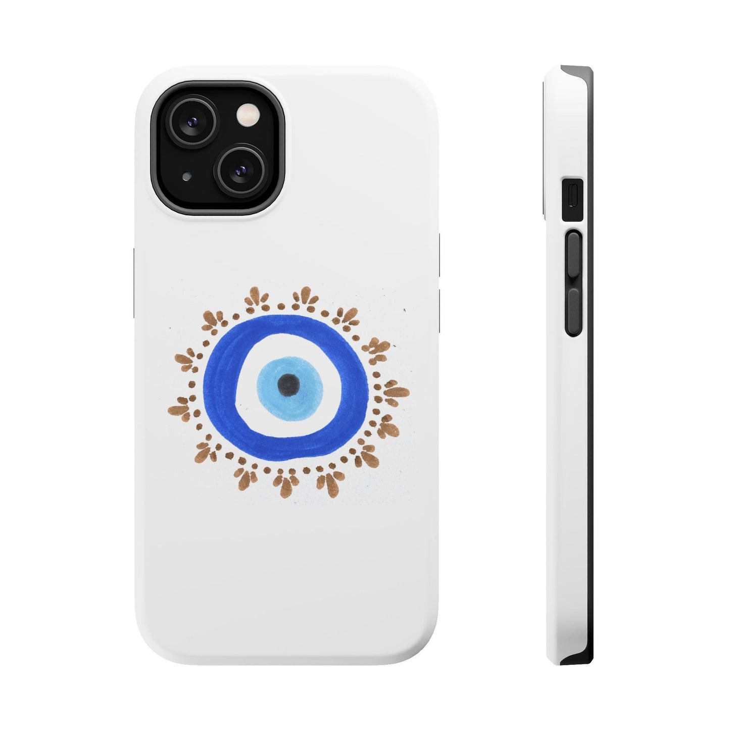 White By Yas Evil Eye phone case with blue and gold decorative elements