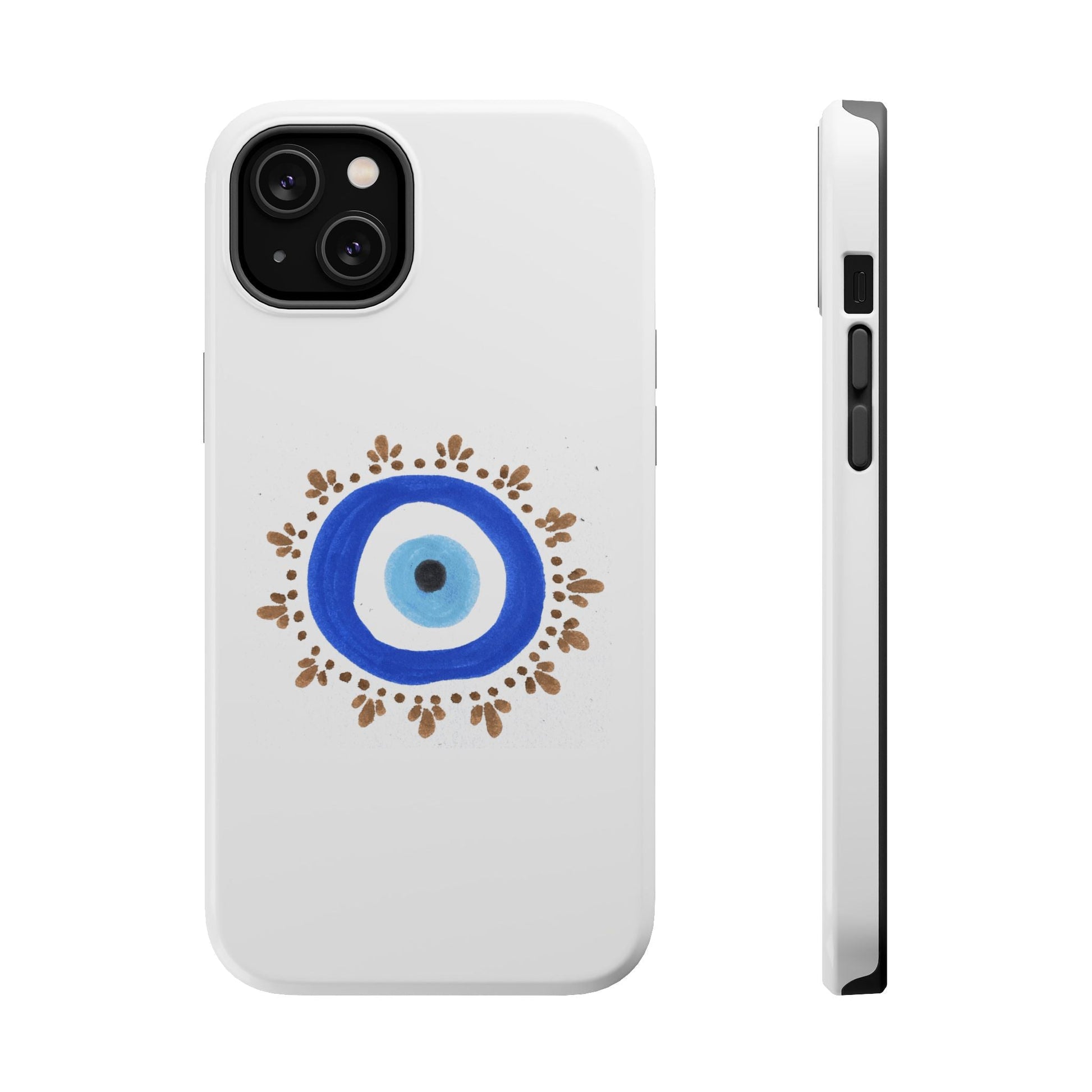 White phone case with Evil Eye symbol by Yas with blue and gold decor elements
