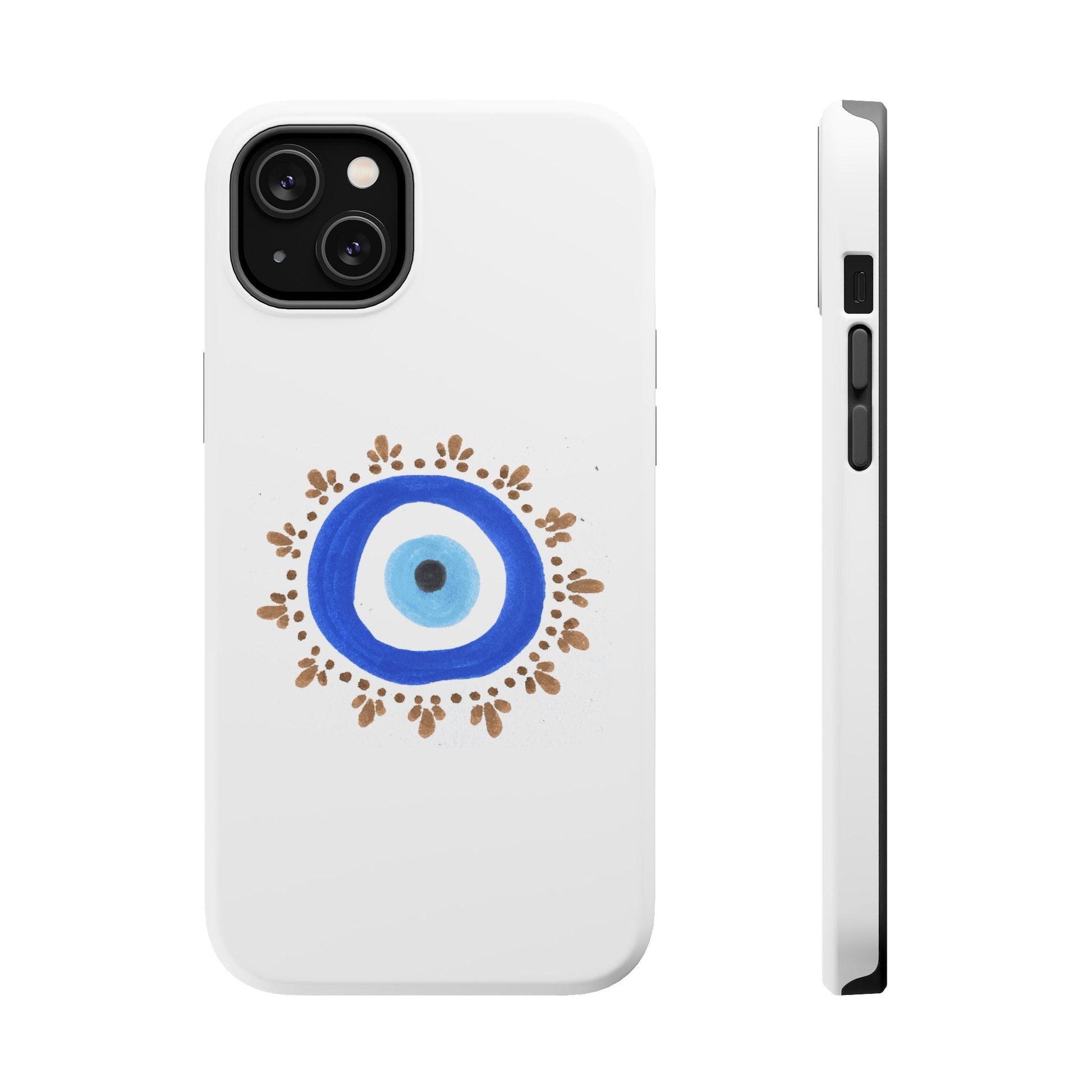 White phone case with Evil Eye symbol and blue-gold decorations by Yas™️