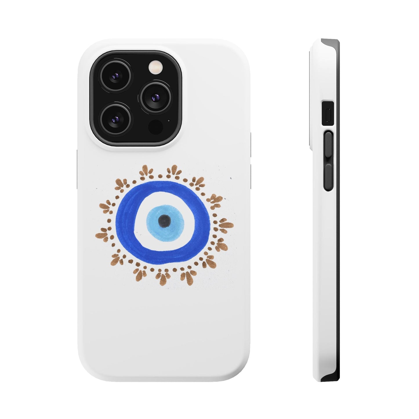 White phone case with evil eye design by Yas featuring blue, brown, and gold elements