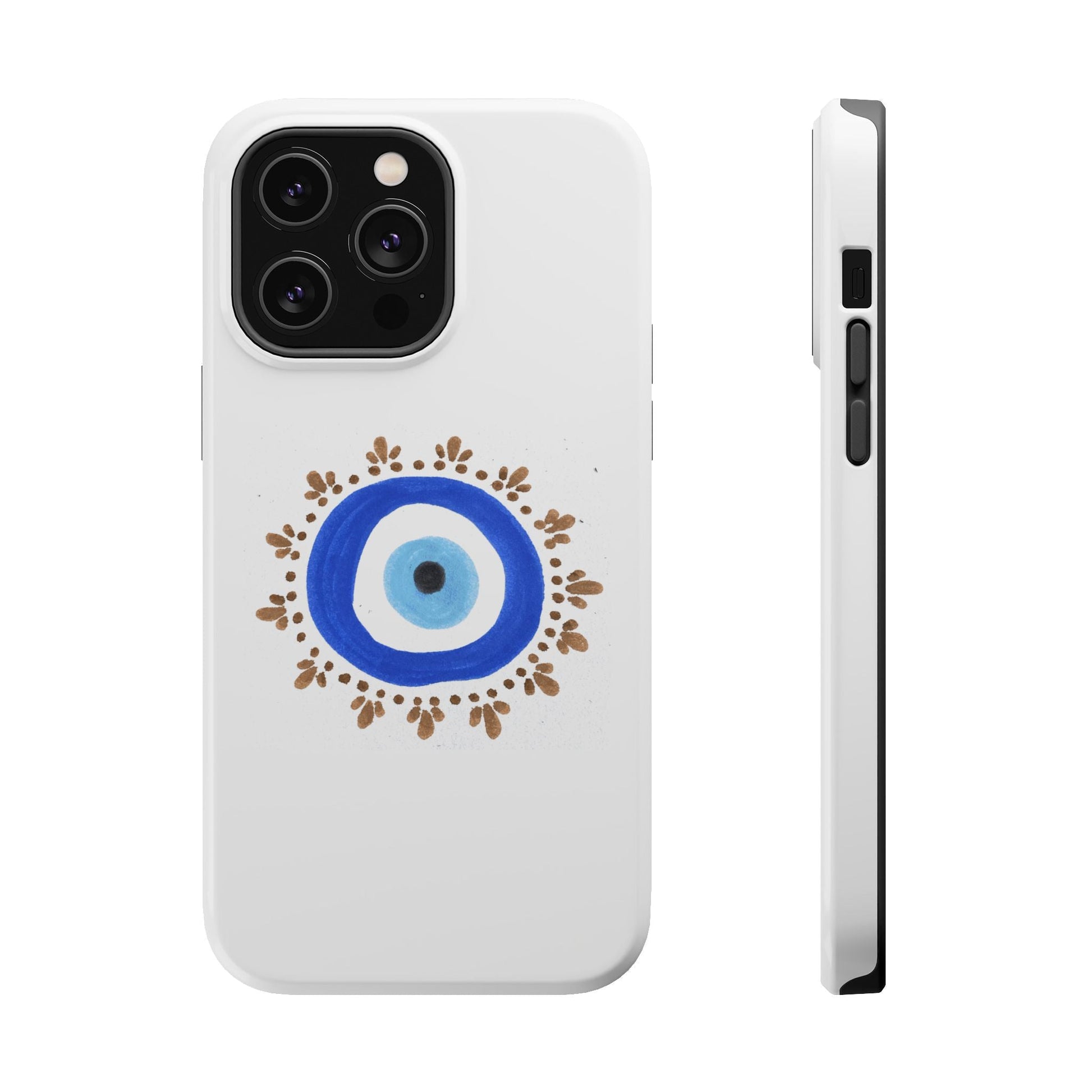 White phone case with evil eye symbol and blue gold accents by Yas