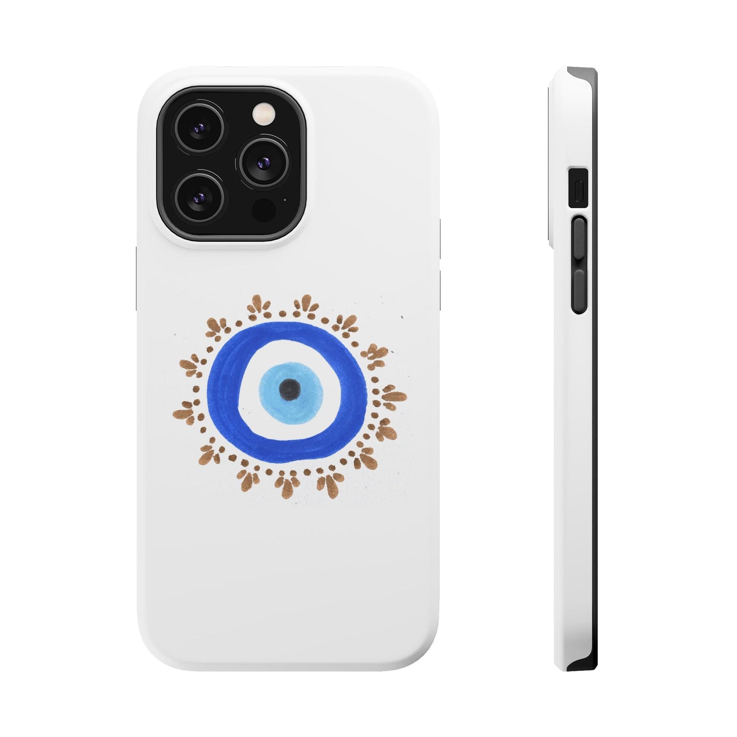 White phone case with Evil Eye design by Yas featuring blue and brown accents