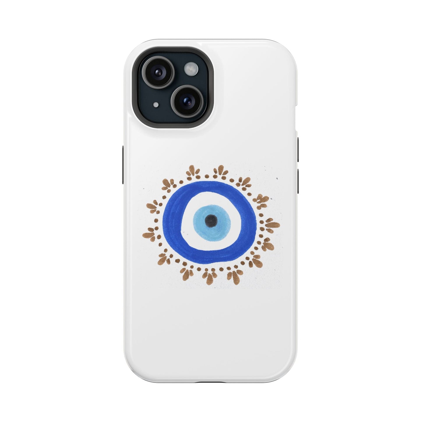 White iPhone case with blue evil eye symbol and brown decorative border by Yas