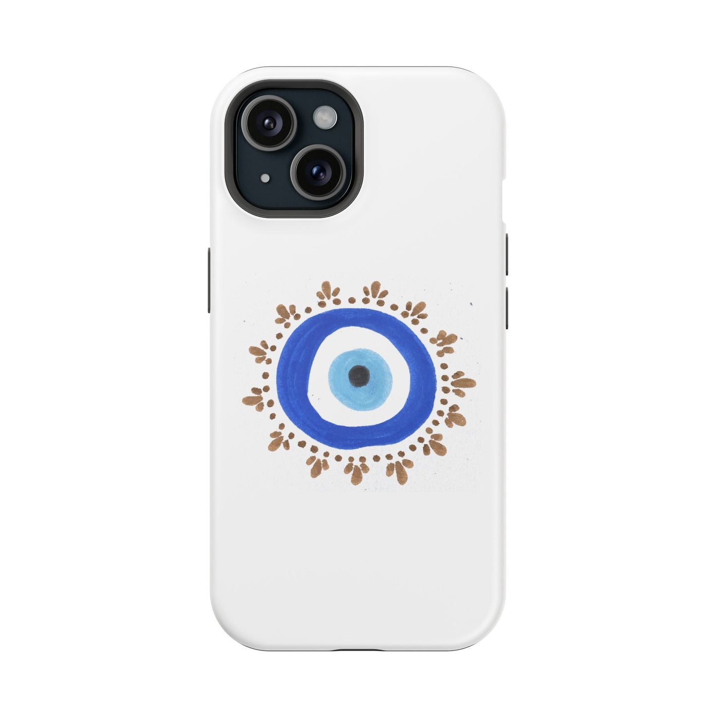 White iPhone case with blue evil eye symbol and brown decorative border by Yas