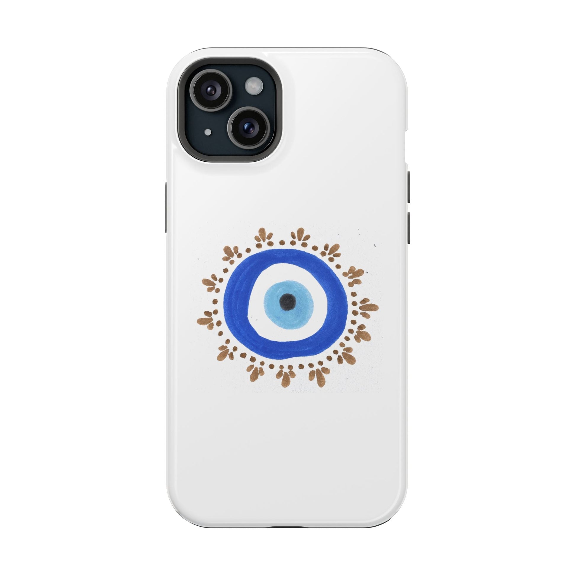 Evil Eye symbol with brown floral border on By Yas phone case design