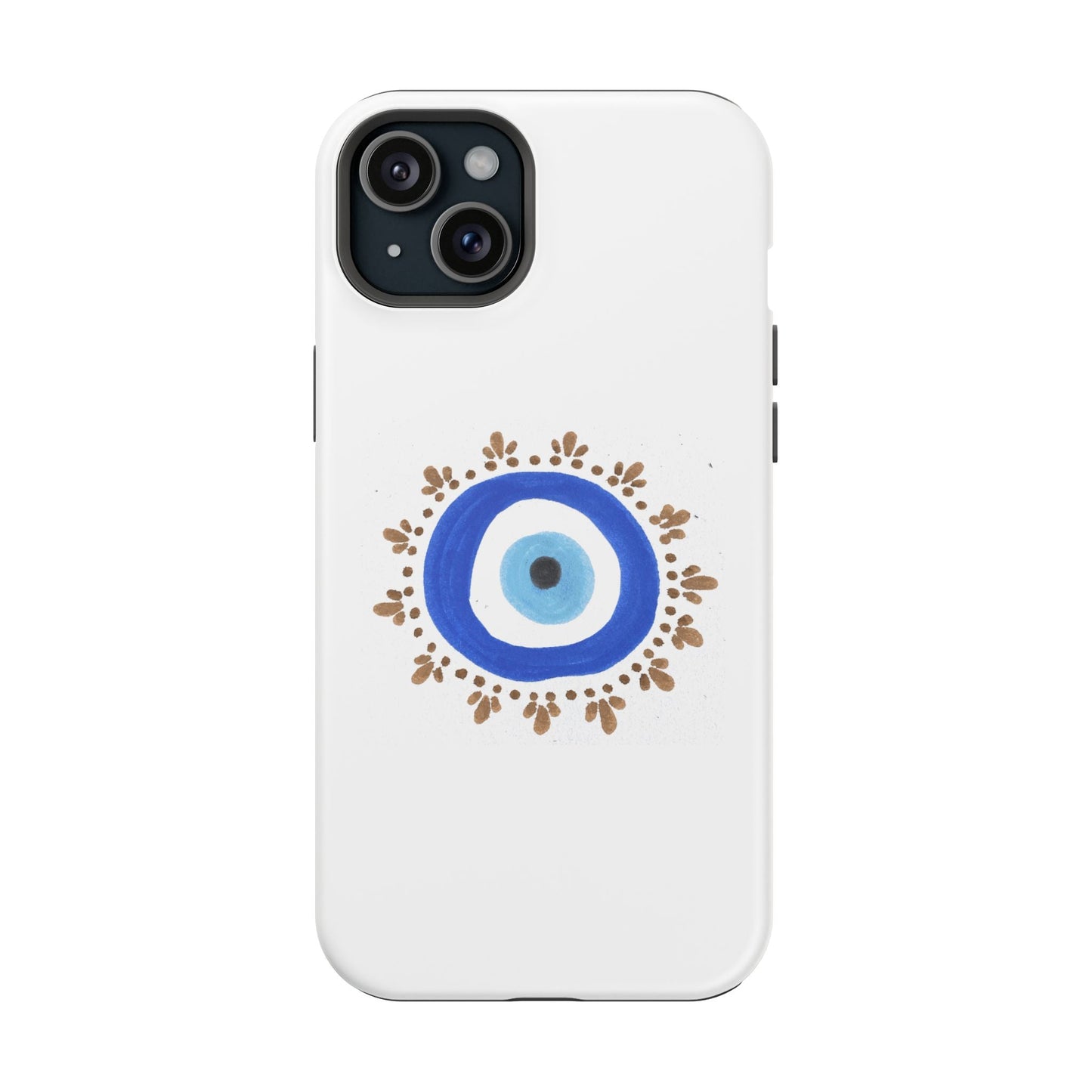 White phone case with Evil Eye symbol and blue, gold, and white circles by Yas
