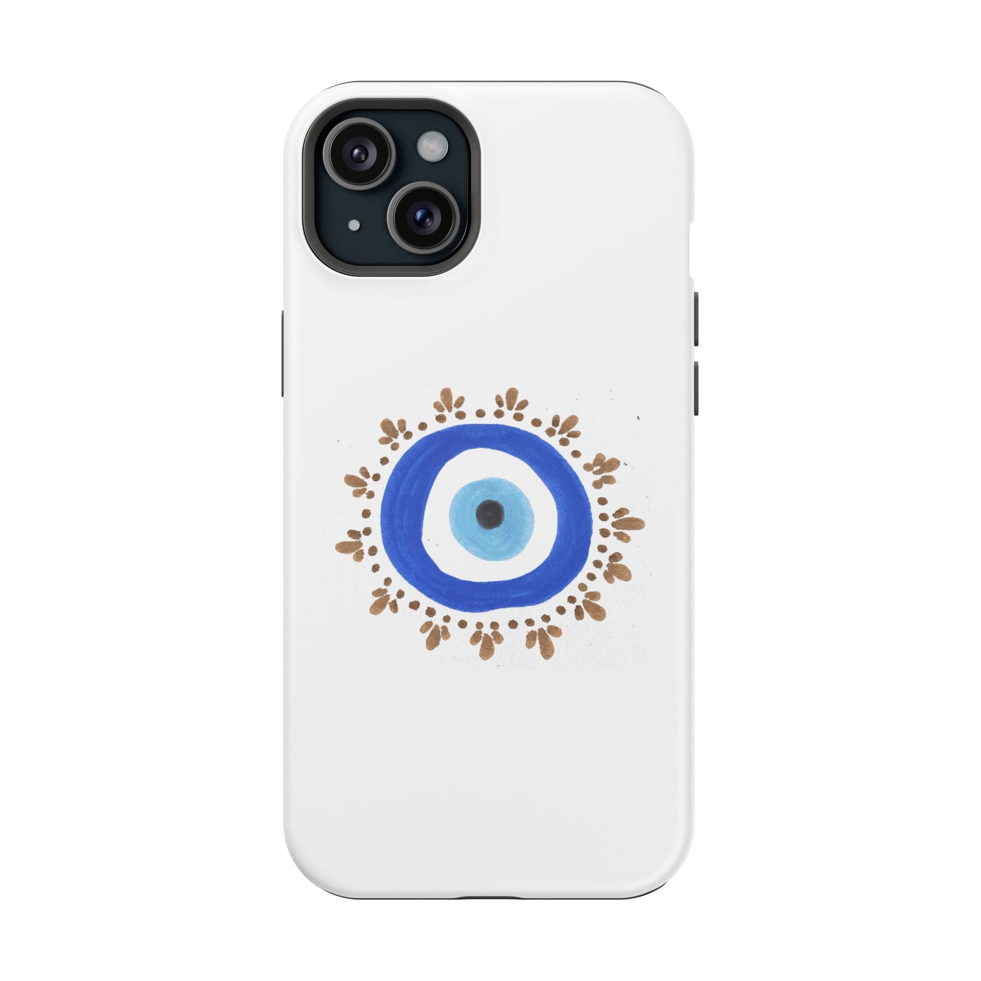 White phone case with Evil Eye symbol and blue, gold, and white circles by Yas