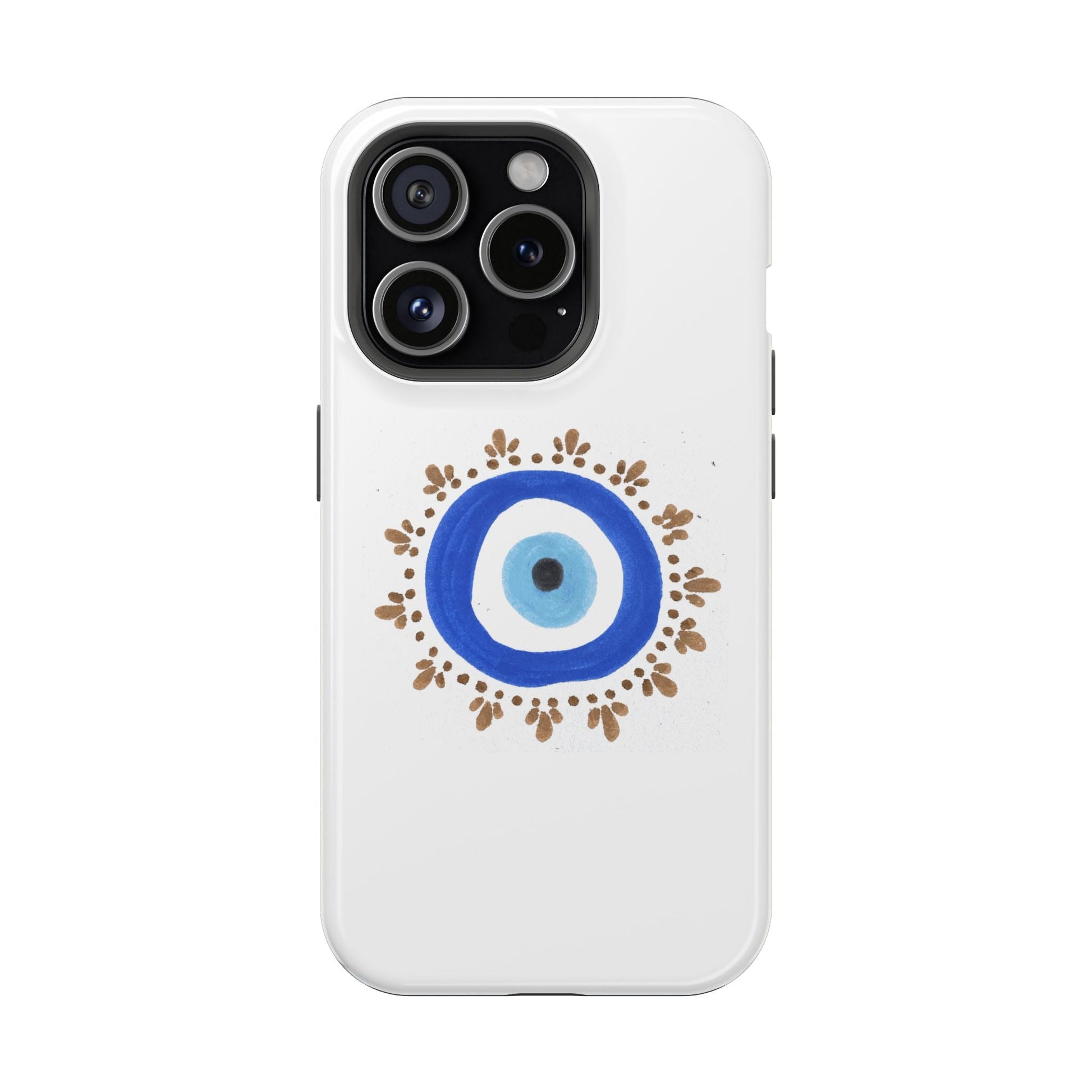Evil Eye symbol with blue and gold design on a white By Yas phone case