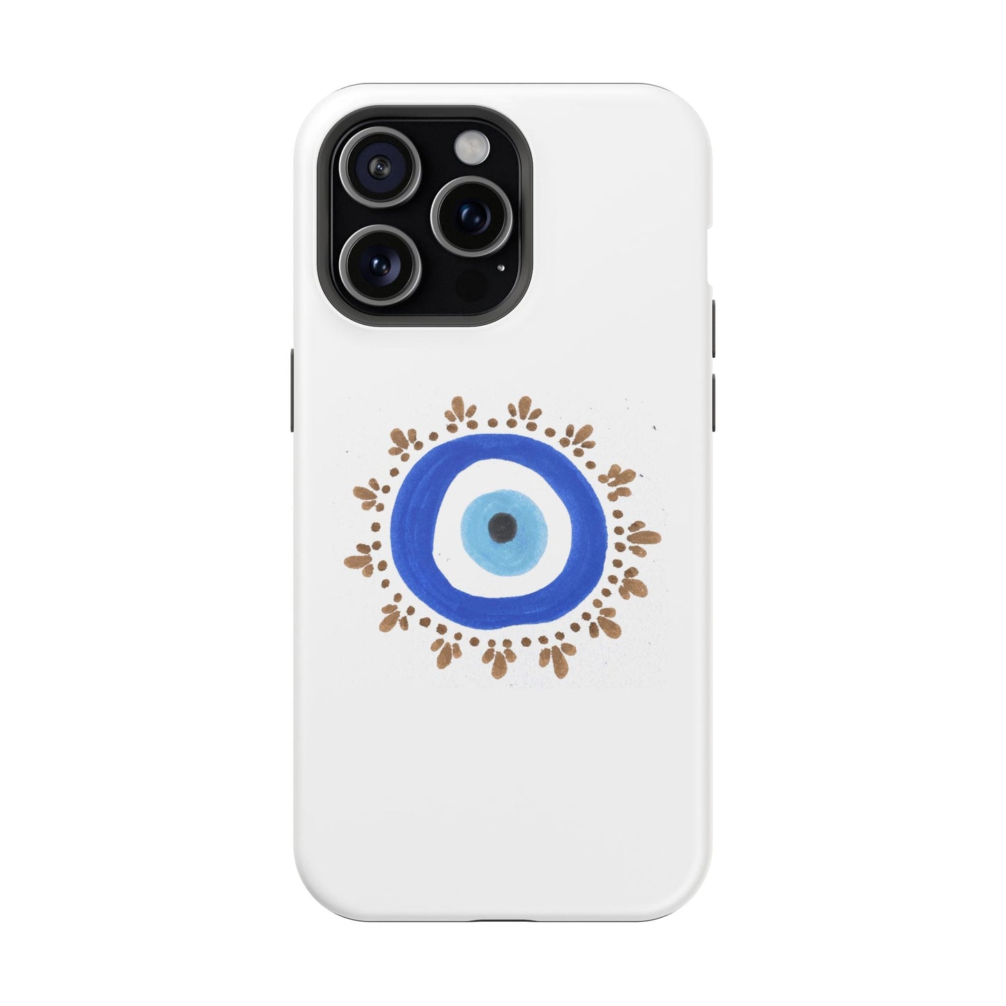 Evil Eye symbol with blue and gold border on By Yas phone case against white background