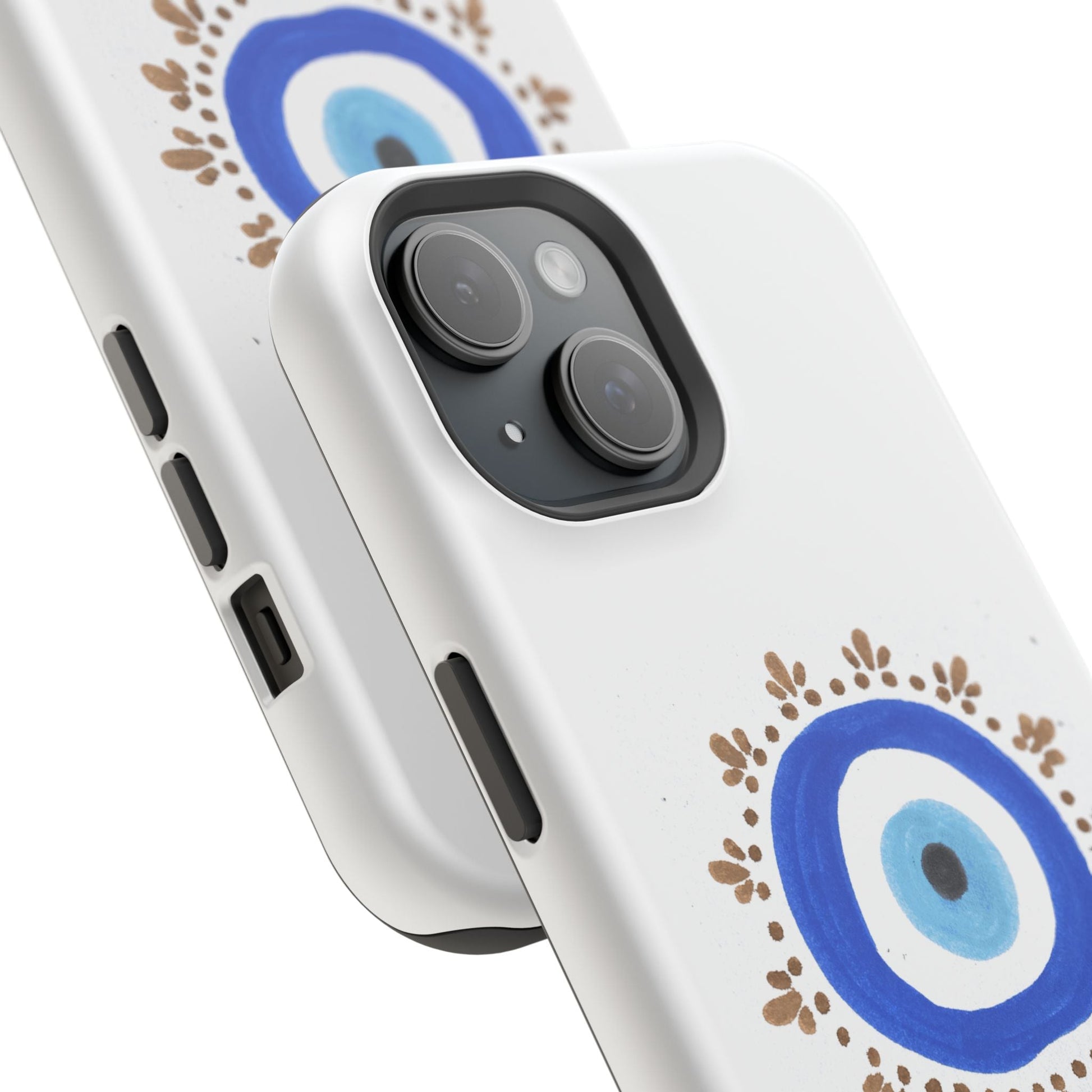 White iPhone case with blue evil eye patterns and brown floral accents by Yas