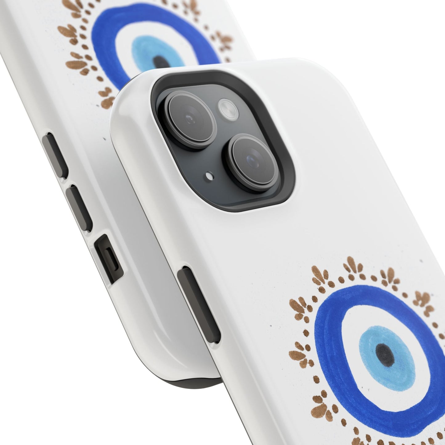 White iPhone case with blue evil eye patterns and brown floral accents by Yas™️