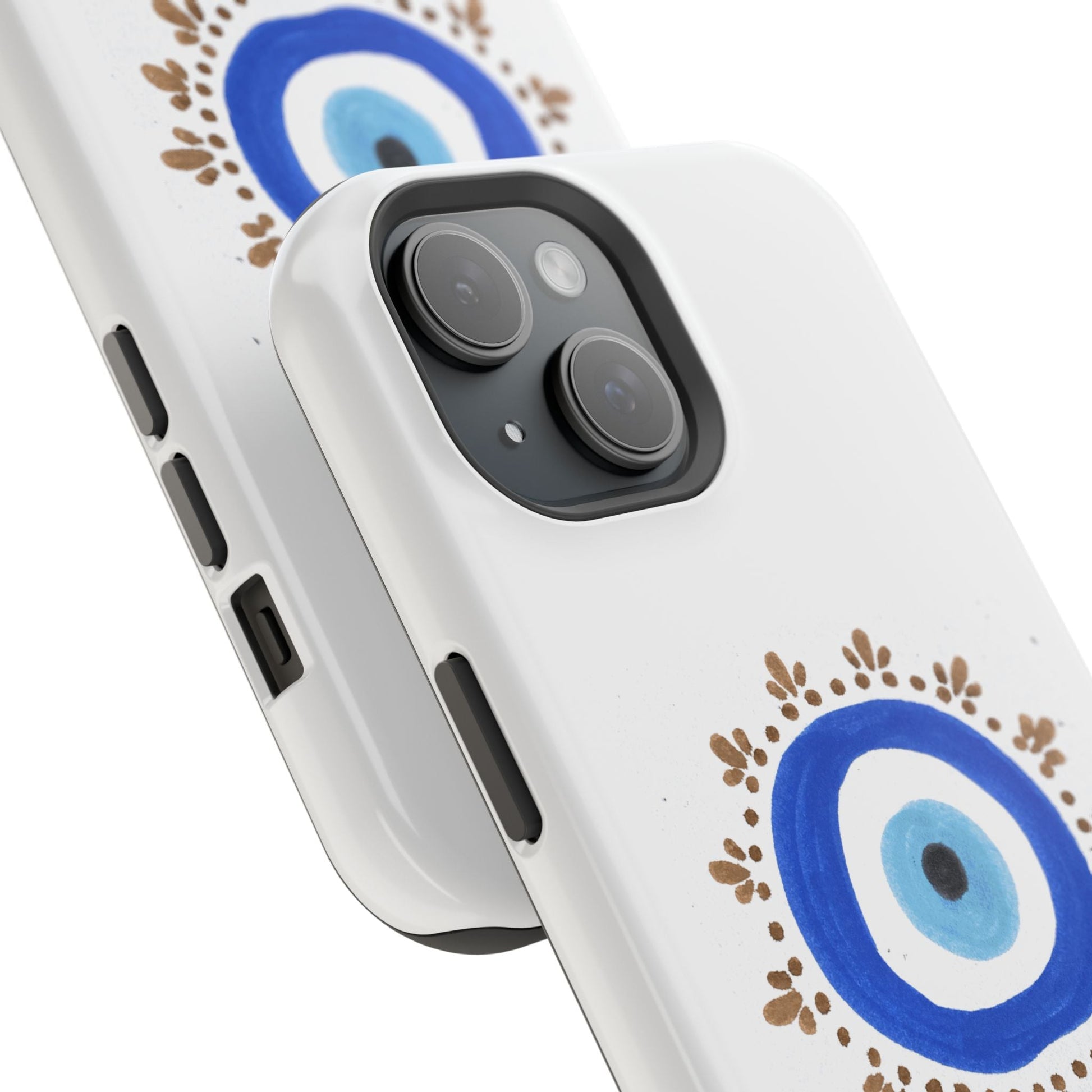 White iPhone case with blue evil eye patterns and brown floral accents by Yas™️