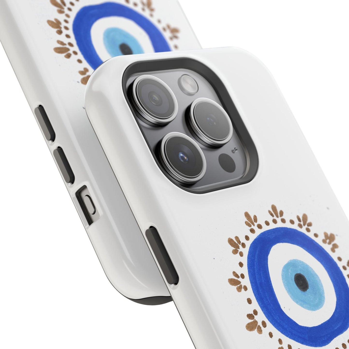 White iPhone case with blue evil eye designs and brown accents from By Yas Evil Eye