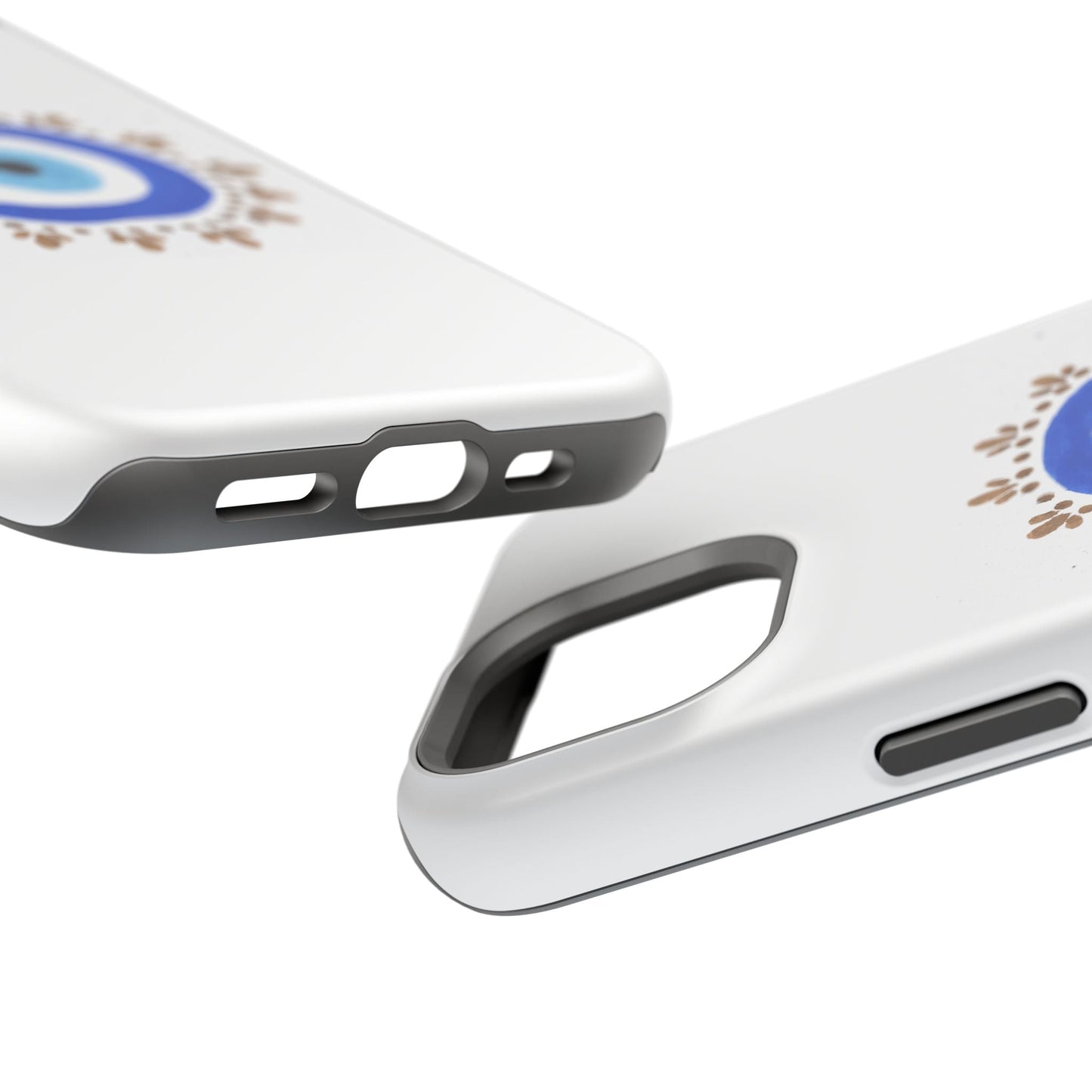 White phone case with black trim and blue logo design by Yas Evil Eye