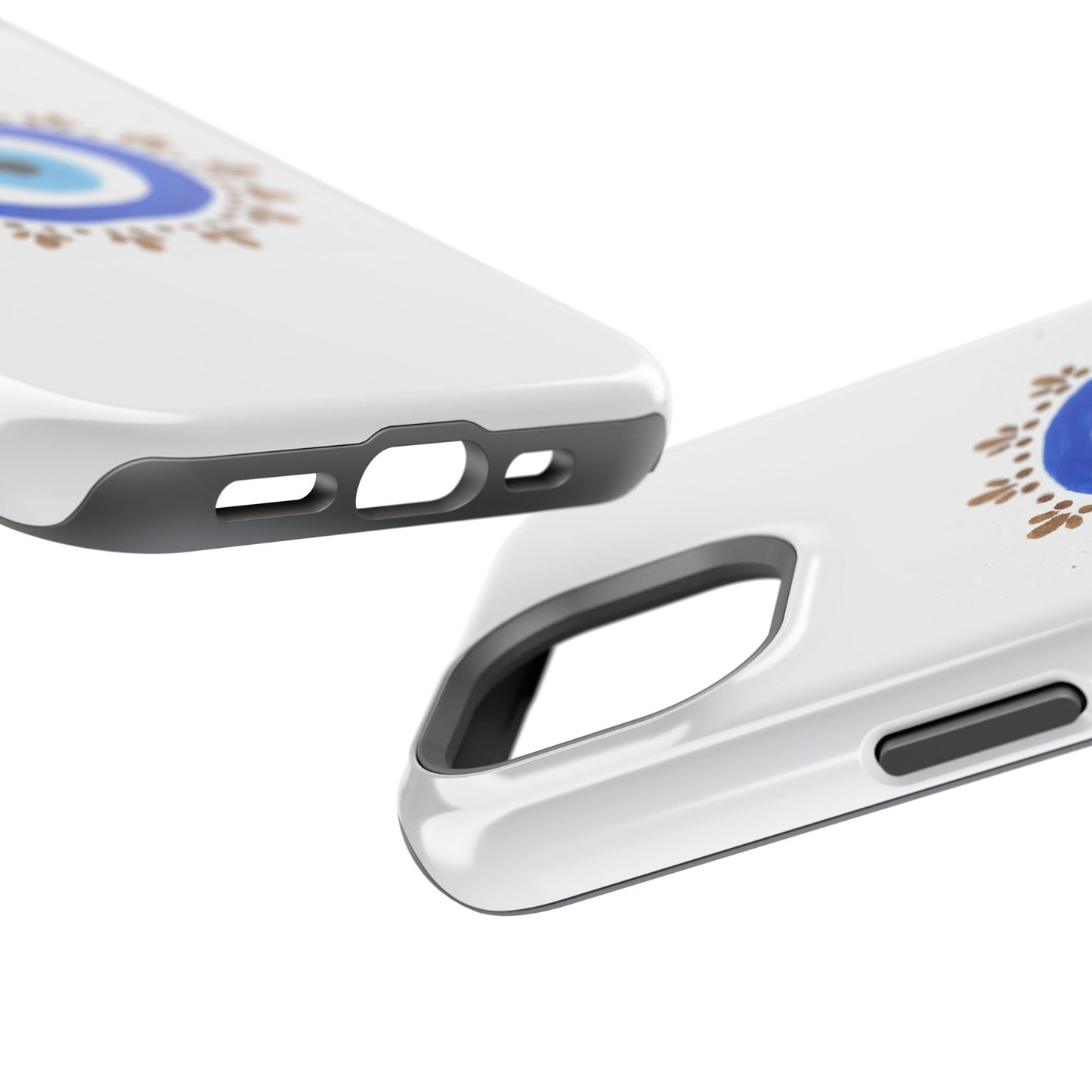 White phone case with black trim and blue logo design from By Yas Evil Eye