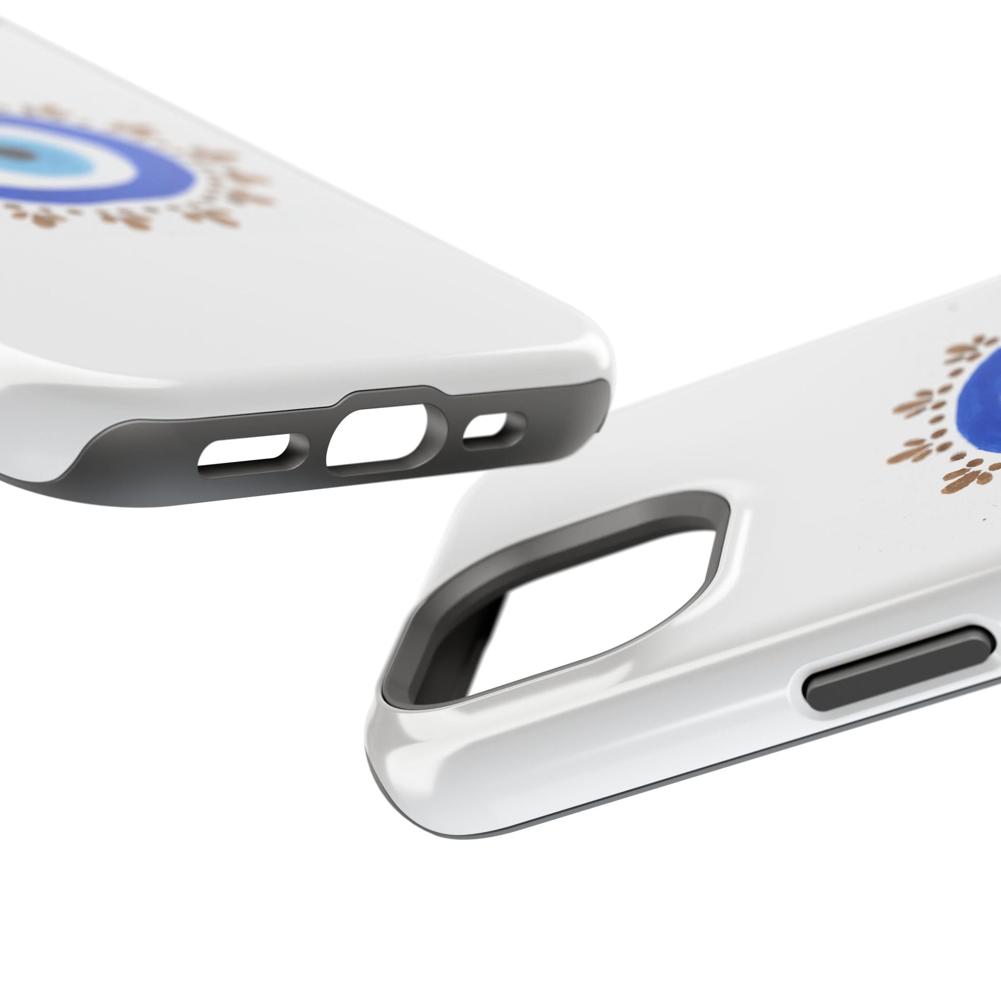 White phone case with black trim and blue logo design from By Yas Evil Eye