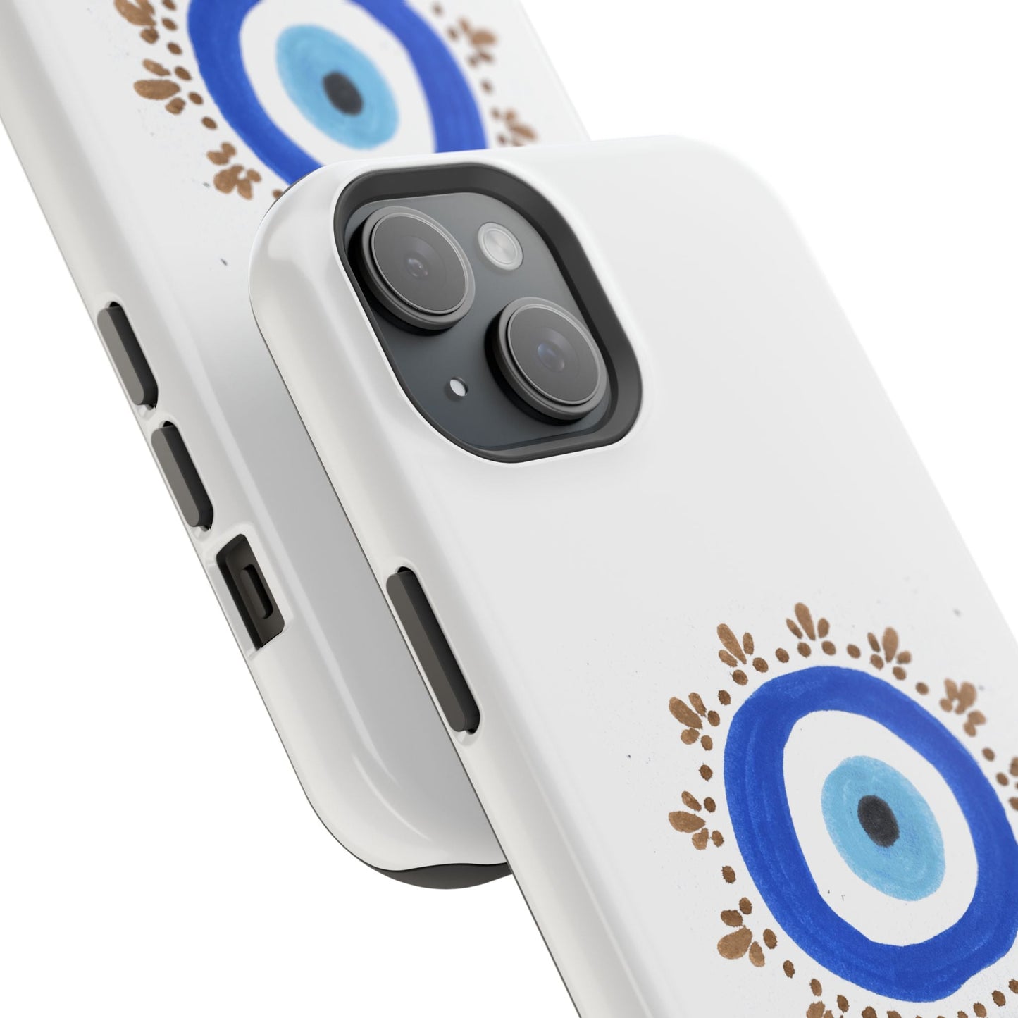 White iPhone case with blue evil eye motifs and brown ornamental details By Yas™️Evil Eye