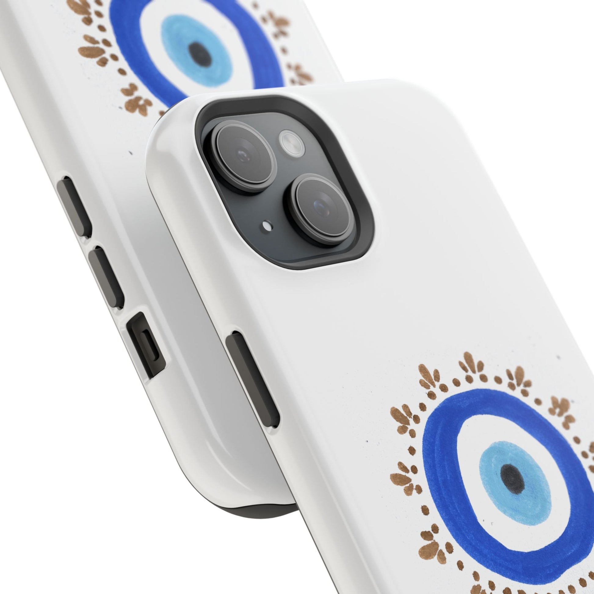 White iPhone case with blue evil eye motifs and brown ornamental details By Yas™️Evil Eye