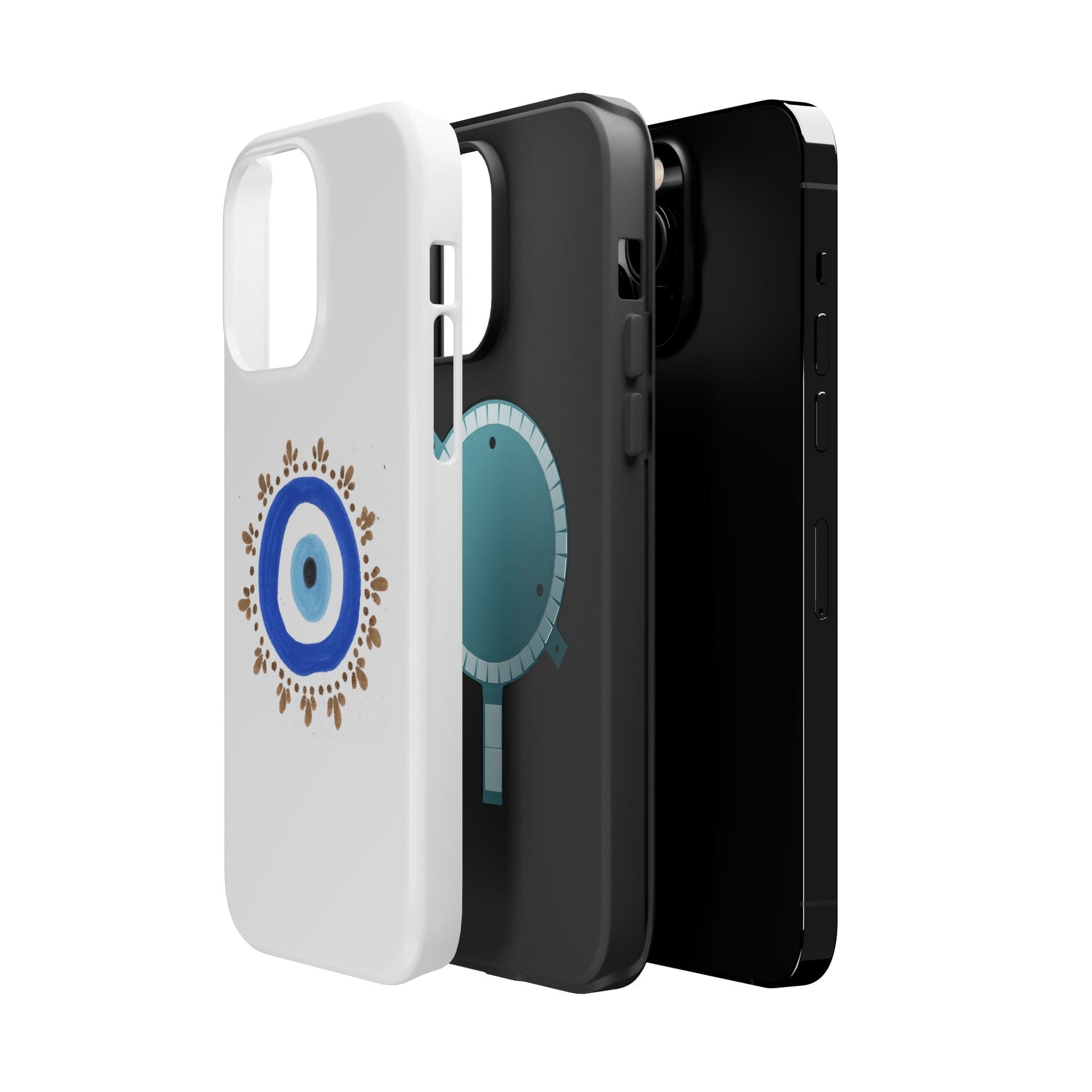 Phone cases with Evil Eye design in white, black, and turquoise by Yas™️