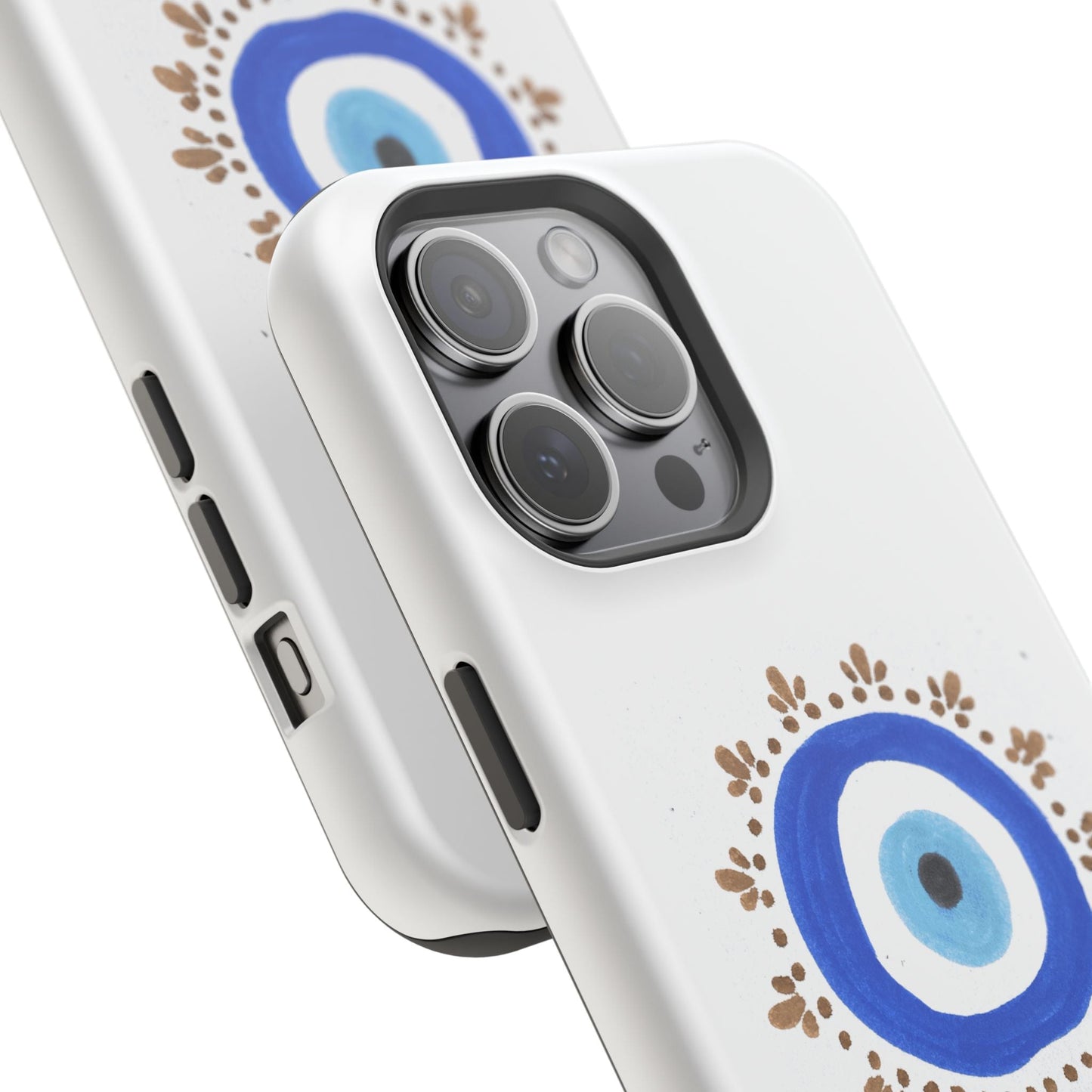 White iPhone case with blue evil eye motifs and brown floral patterns by Yas™️Evil Eye
