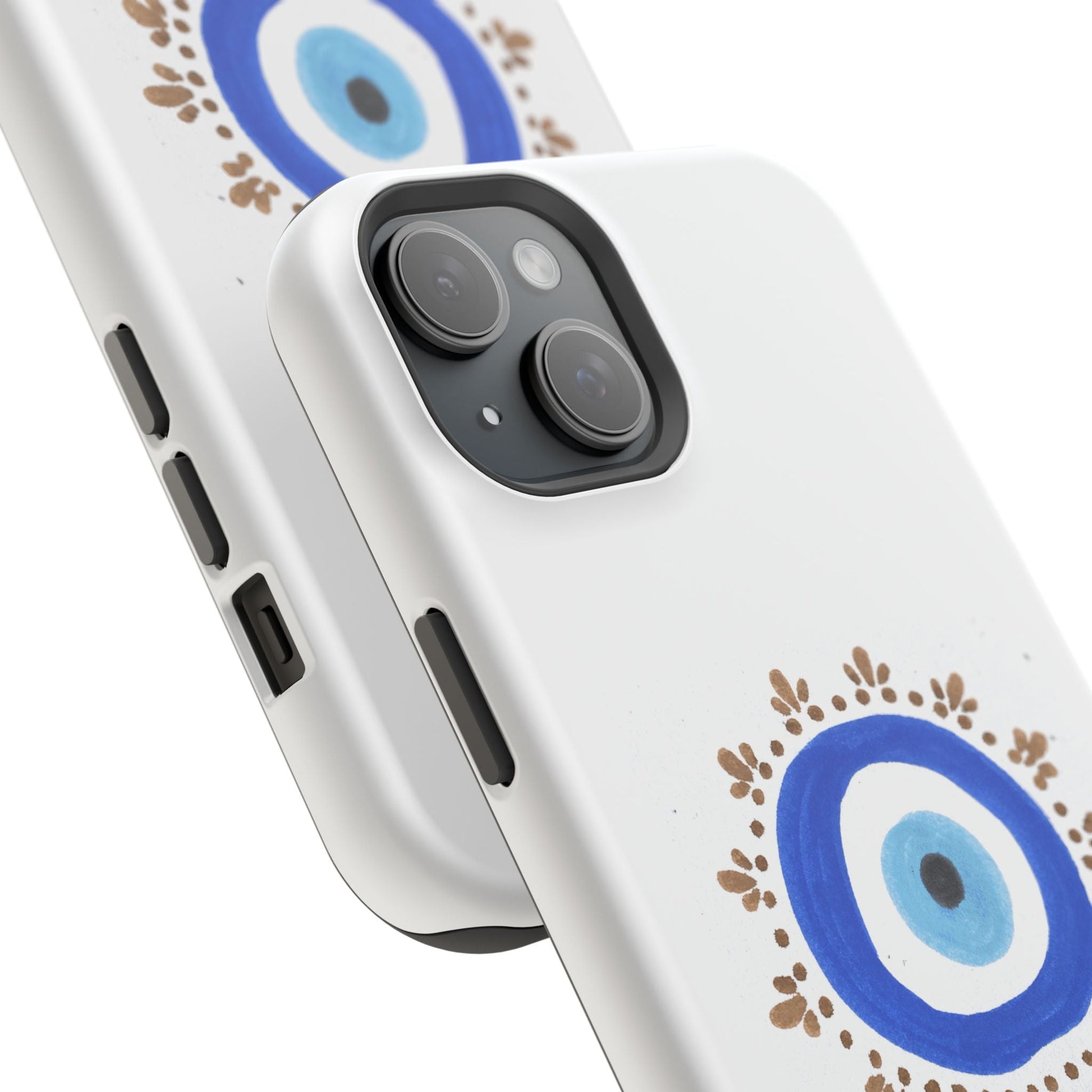 White iPhone case with blue evil eye patterns and brown accents by Yas™️Evil Eye