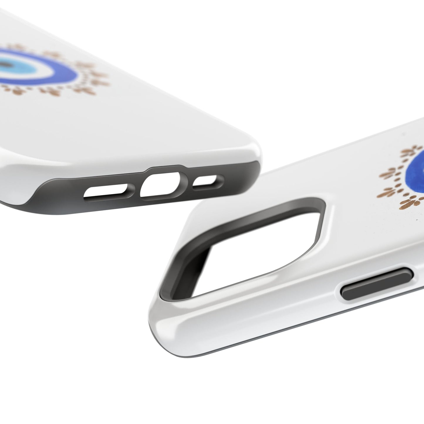 White phone case with black edges featuring By Yas Evil Eye circular logo design
