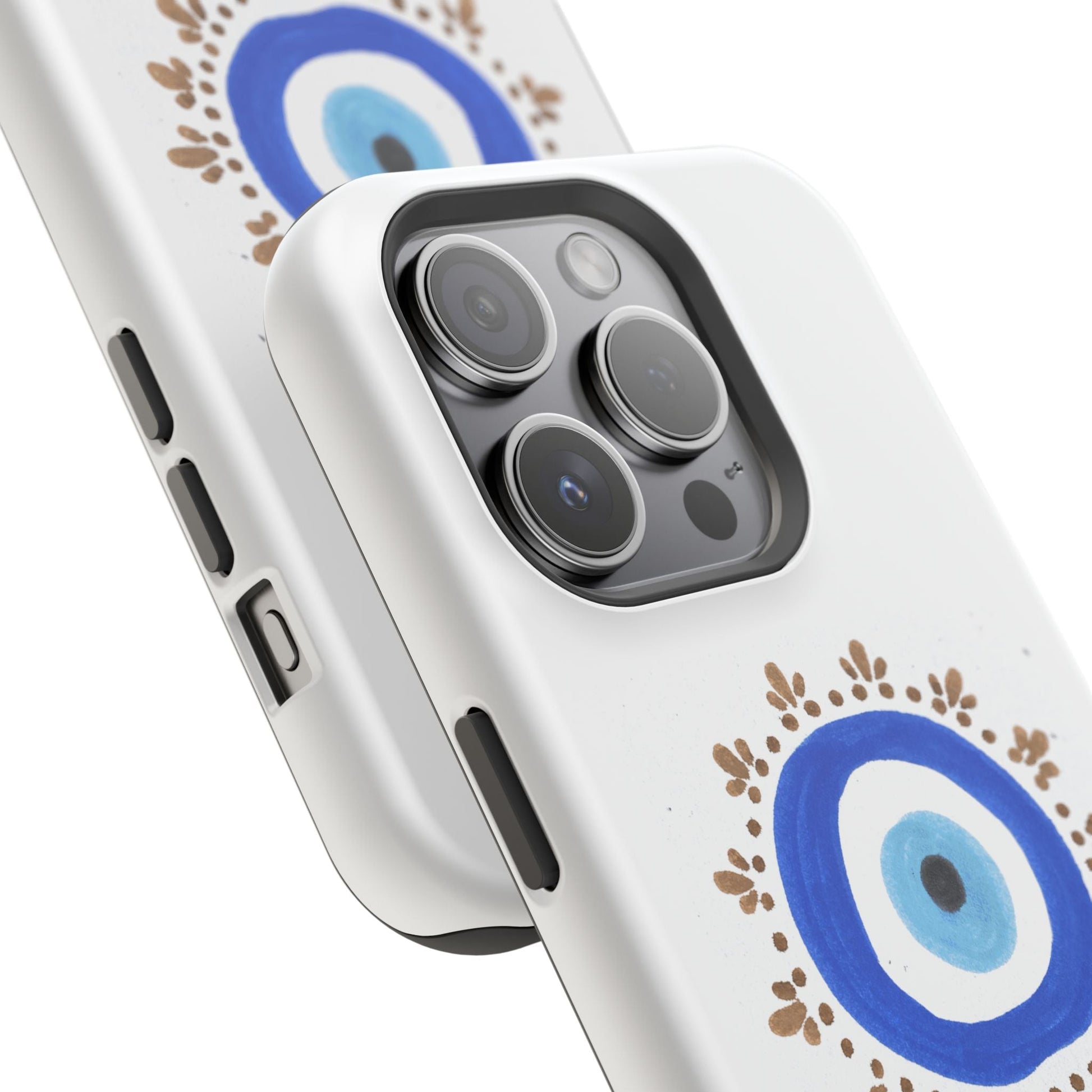 White iPhone case with evil eye pattern and triple camera cutout By Yas™️Evil Eye design