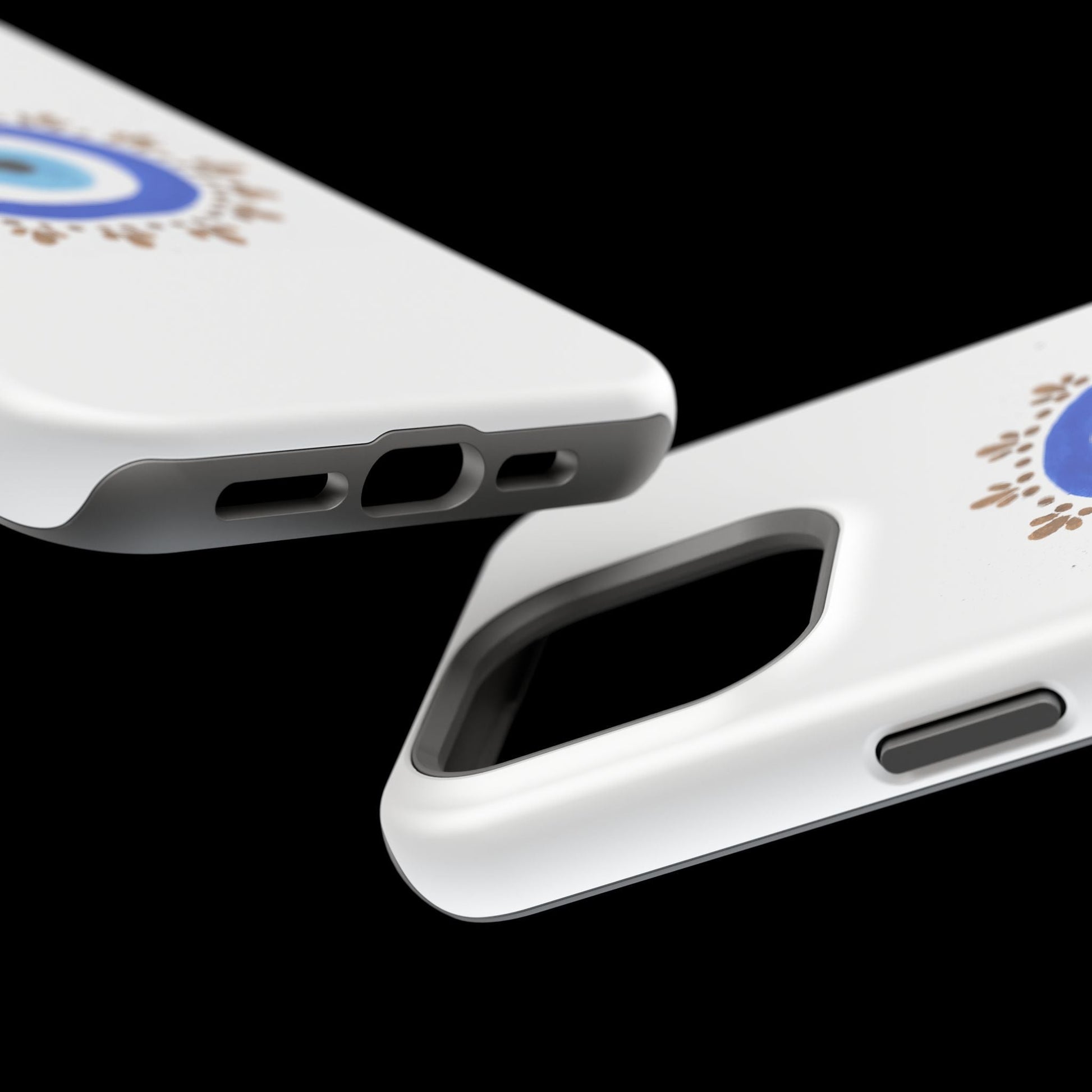 White phone case with cutouts for ports and buttons from By Yas Evil Eye