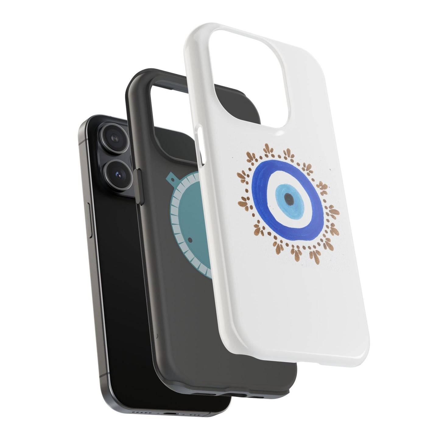 White By Yas Evil Eye phone case with blue, gold, and turquoise design