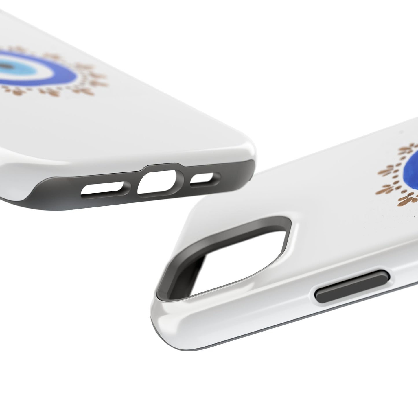 White phone case with black trim featuring a blue logo design from By Yas™️Evil Eye
