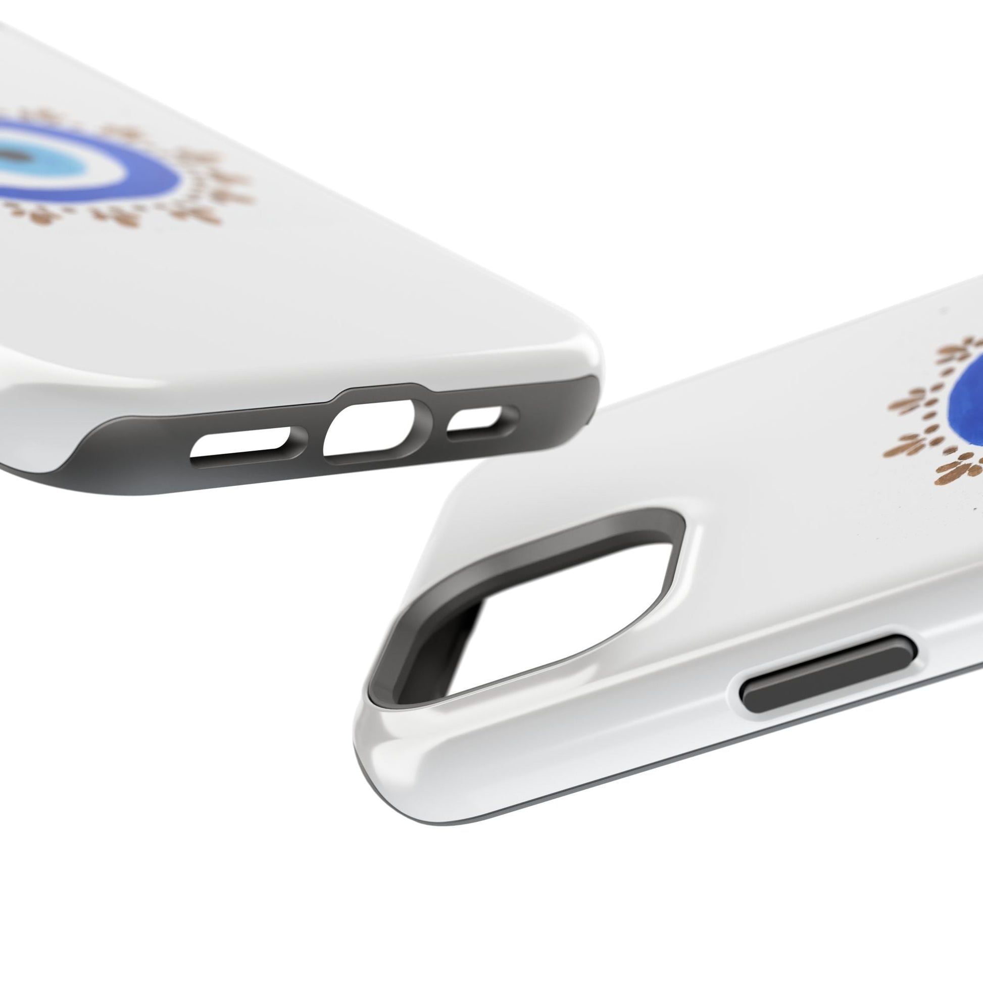 White phone case with black trim featuring a blue logo design from By Yas™️Evil Eye