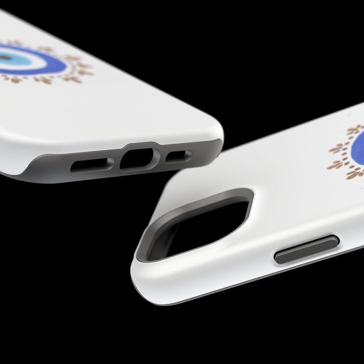 White smartphone cases by Yas with cutouts for camera and ports, showcasing Evil Eye design