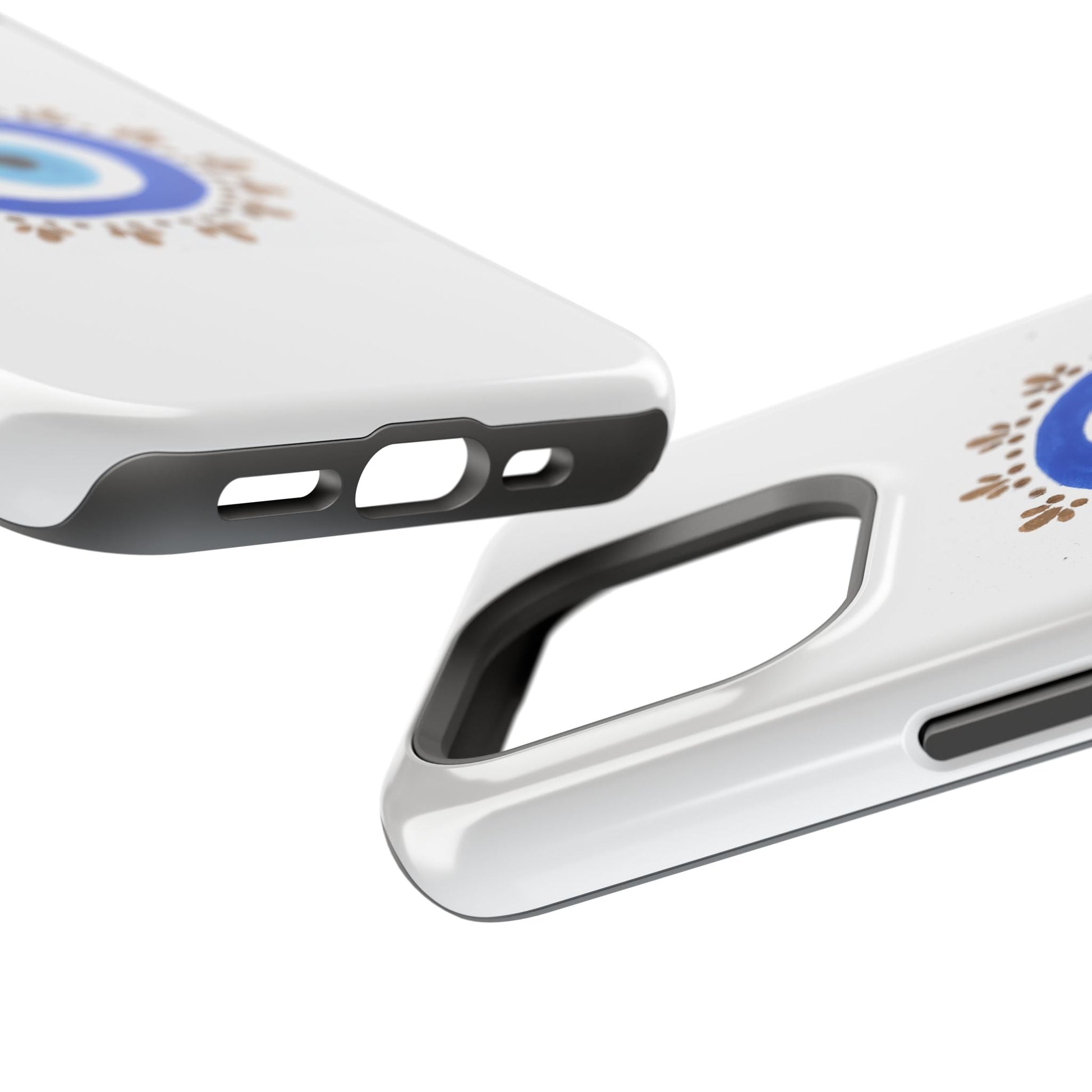 White By Yas Evil Eye phone case with black trim and blue logo design