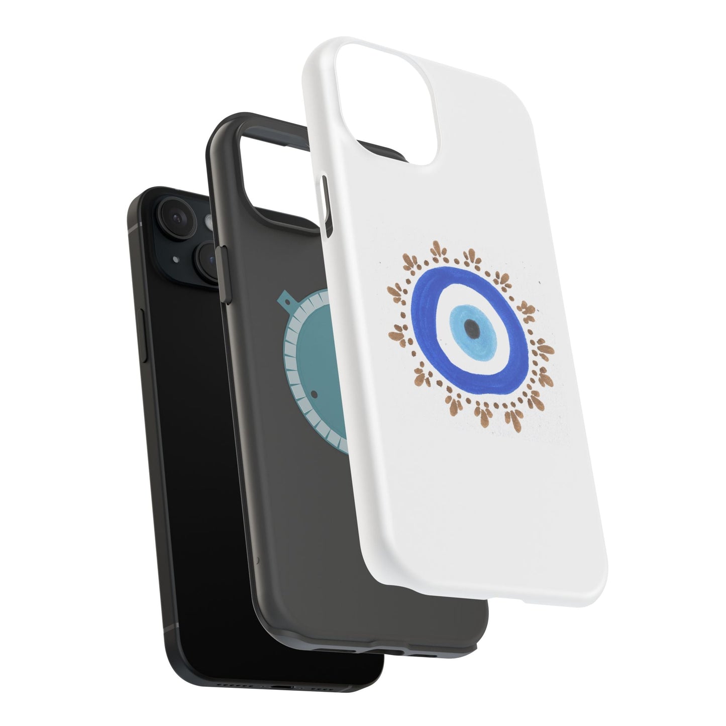 White By Yas Evil Eye phone case with blue, gold, and brown decorative elements