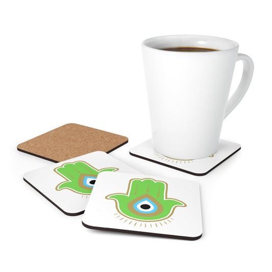 Green Hamsa - Cork / 3.75’’ × 3.75’’ / Square - Coaster Set