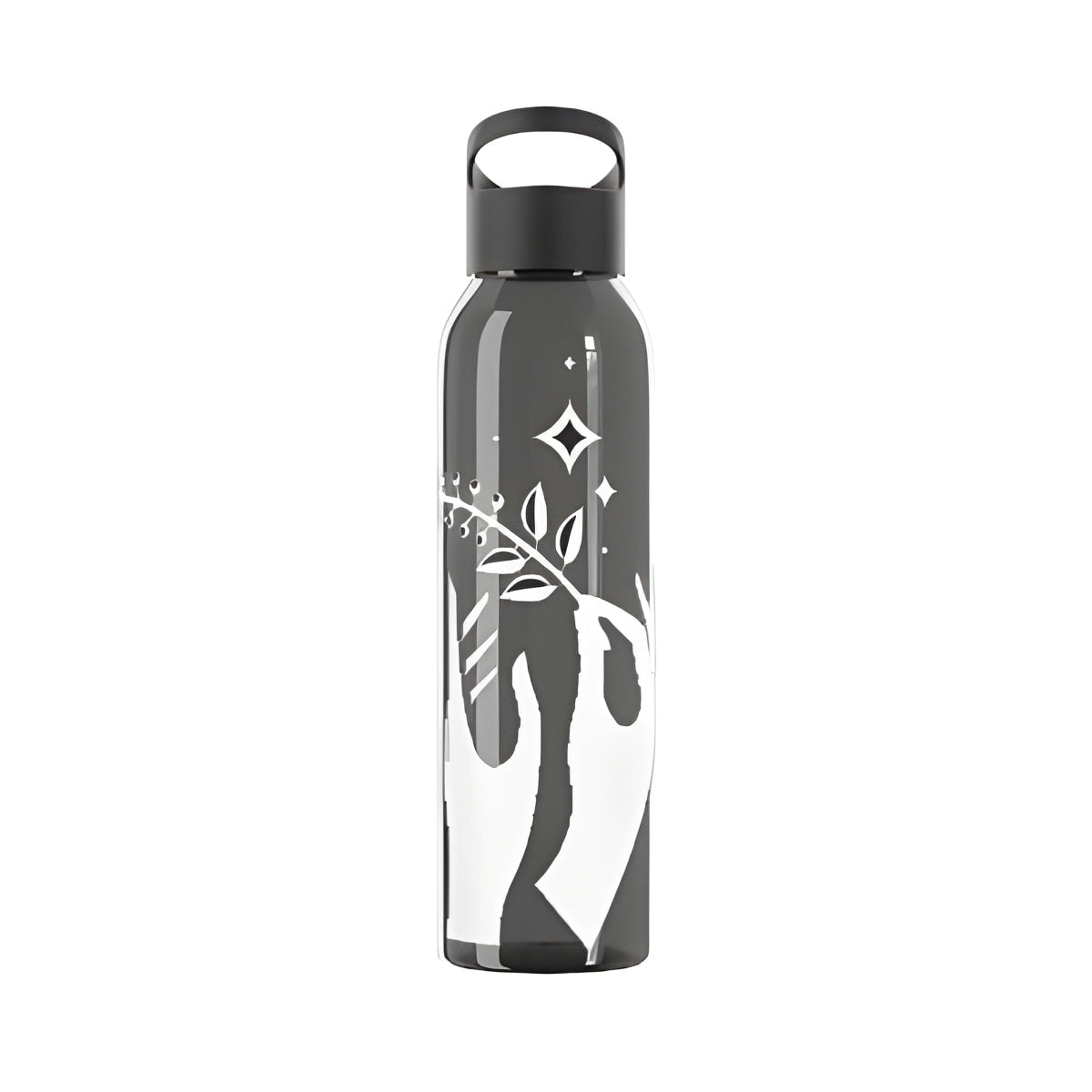 Grey and white reusable water bottle with leaf pattern for Hands featuring yas™️ evil eye design