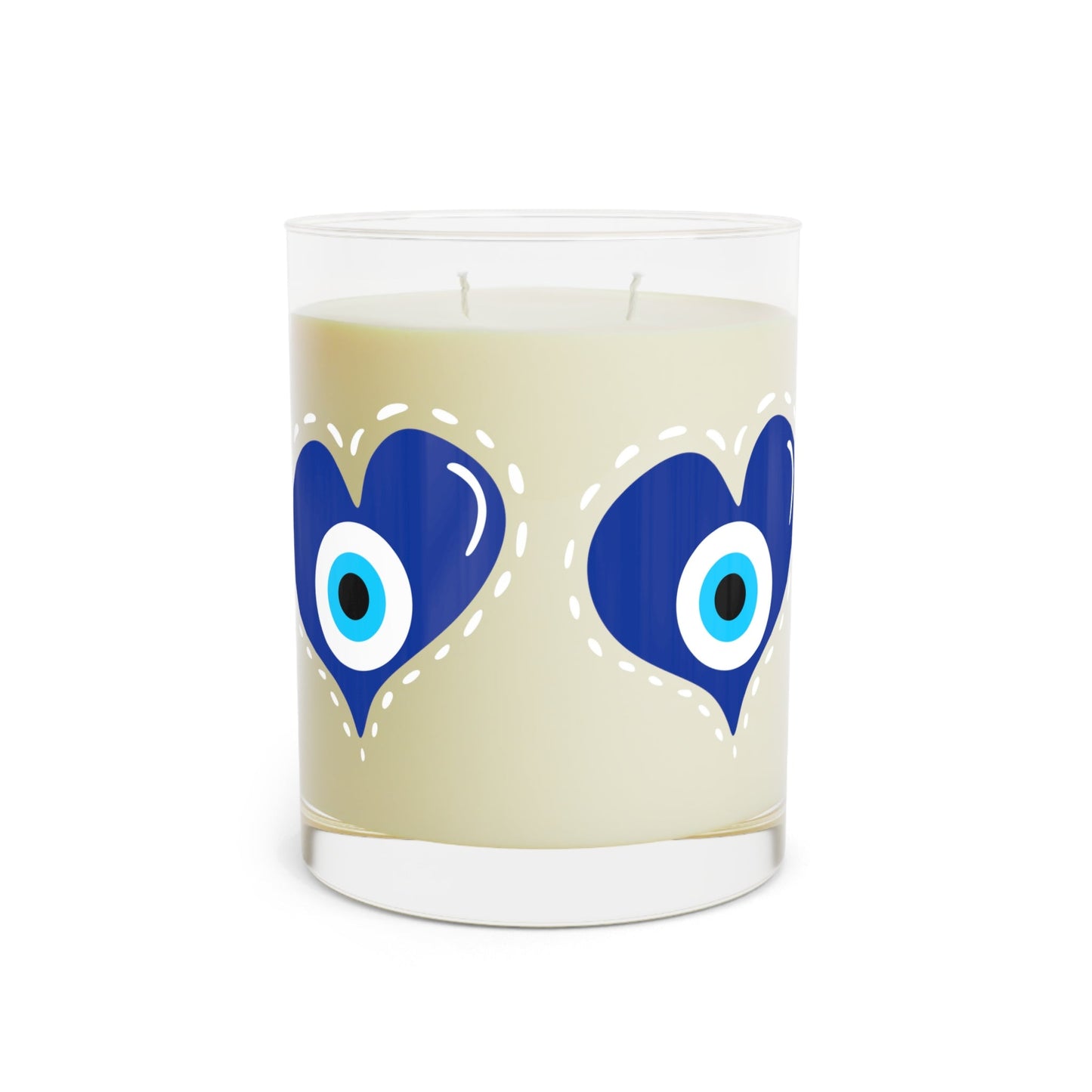 Glass candle holder with blue heart blue eye designs from the Yas™️ Evil Eye collection
