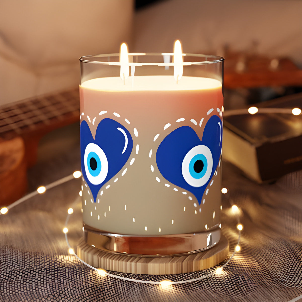 Glass candle holder with Yas™️ Evil Eye designs from Heart Blue Eye Relaxation Collection